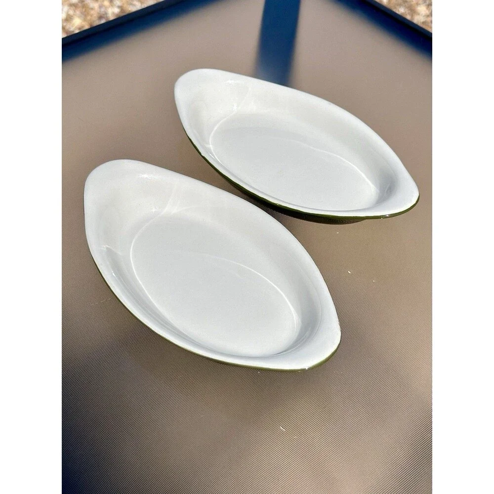 Vintage 1970s Hall 521 Au Gratin Ceramic Casserole Dish Green White Pair 9 1/8